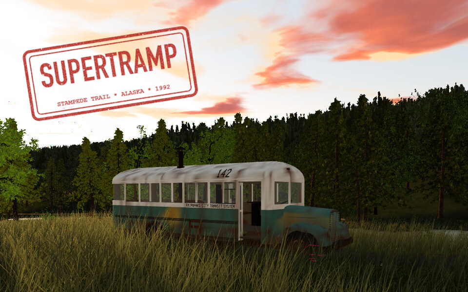 Bus 142 in a clearing on the Stampede Trail, Alaska, under an evening sky, with a red Supertramp stamp