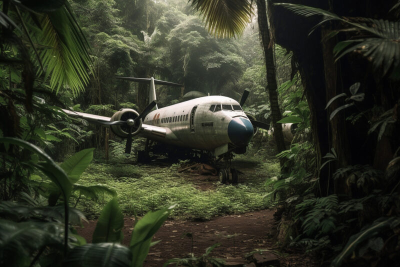 an abandoned plane in the jungle, created by a neural network, Generative AI technology