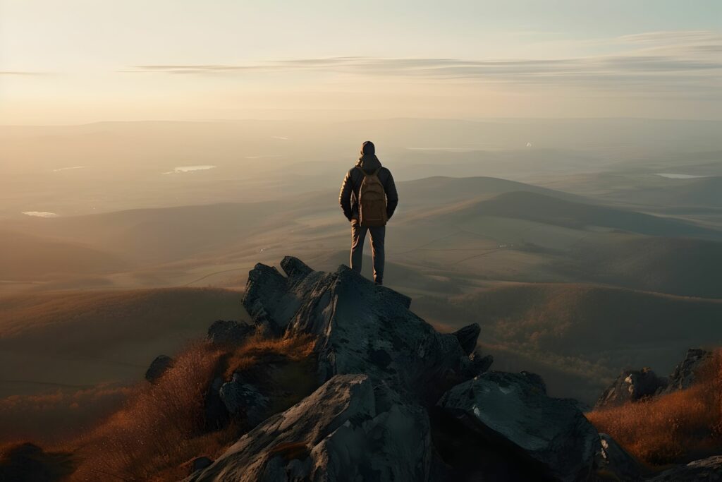 man standing on top of a rocky mountain with his back turned